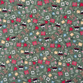 Fabric with a Christmas-themed pattern featuring holiday motifs on a green background.
