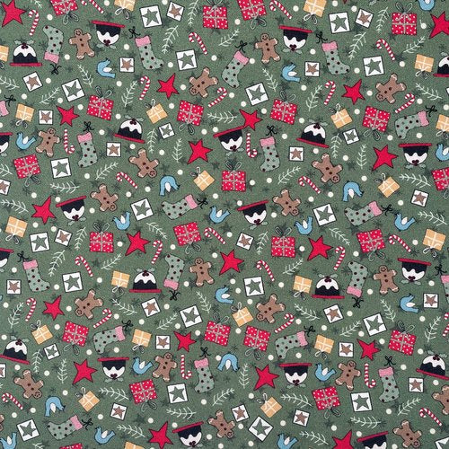 Fabric with a Christmas-themed pattern featuring holiday motifs on a green background.