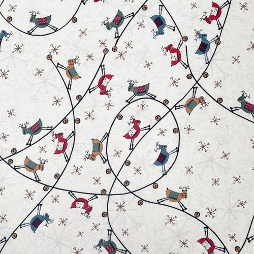 3 Wise Penguins 80860-6 - white cotton with multi-colored reindeer, snowflakes and jingle bells
