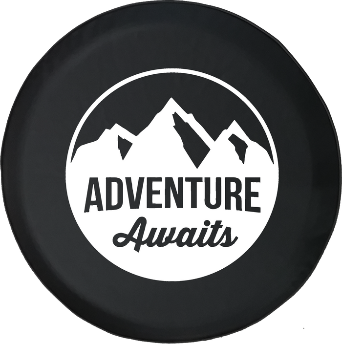 Adventure Awaits Mountain Scene Stamp Style Offroad Jeep RV Camper Spare Tire Cover J303