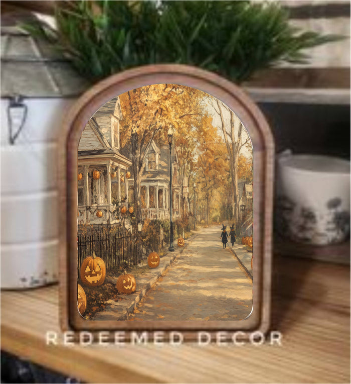 Arch Top Halloween Street Framed Art