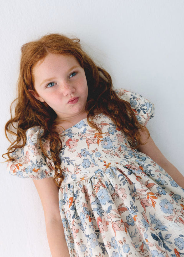 Blue Pink Floral Puff Sleeve Square Neck Dress