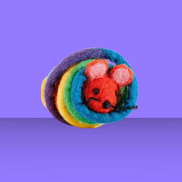 Cat in the Box Wool Mouse with 6' Tail Rainbow