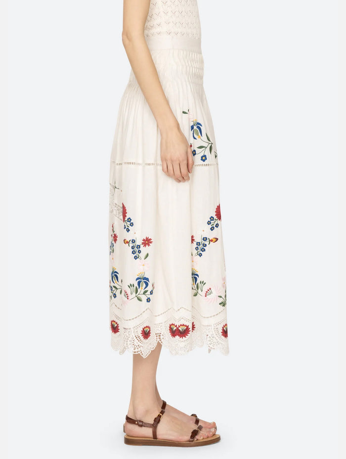 Celia Embroidery Midi Skirt in Cream
