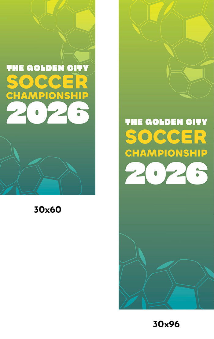 Two soccer championship posters for 'The Golden City Soccer Championship 2026' with green and blue design.