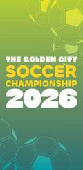 Promotional graphic for The Golden City Soccer Championship 2026 with soccer ball designs on a green background.