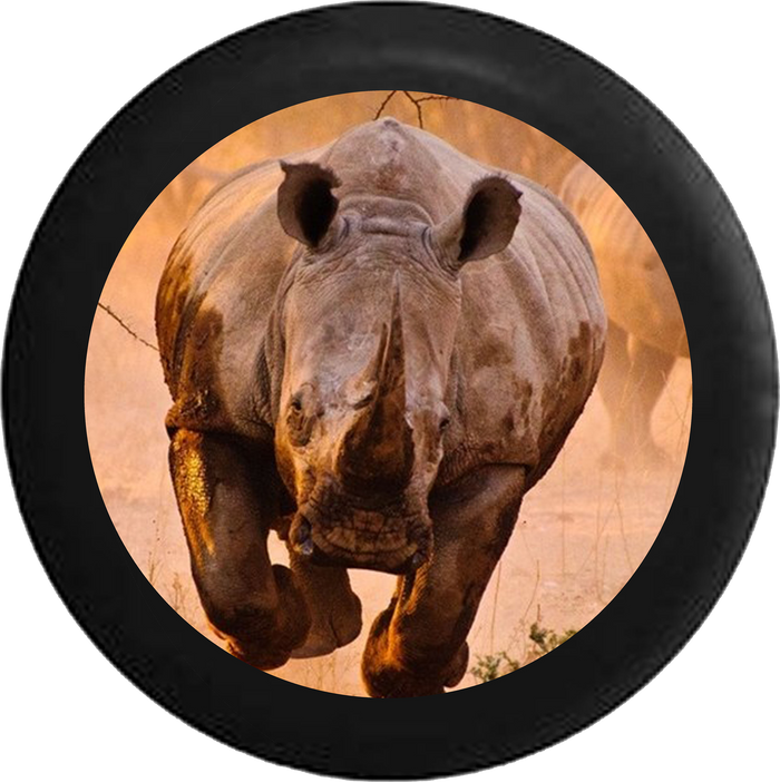 Charging African Grey and Black Rhino Jeep Camper Spare Tire Cover BLACK-CUSTOM SIZE/COLOR/INK- R130 - TireCoverPro