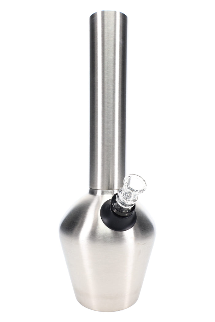 Brushed stainless steel beaker bong, 13″ vacuum-insulated body with 14.5 mm female joint and clear glass slide attached.