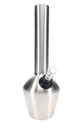 Brushed stainless steel beaker bong, 13″ vacuum-insulated body with 14.5 mm female joint and clear glass slide attached.