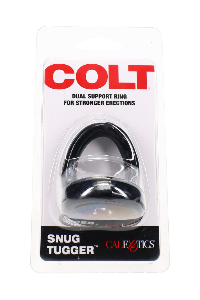 Colt Snug Tugger dual support ring in retail blister pack, black ring with “COLT” branding and CalExotics logo