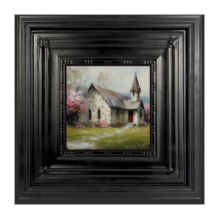 Country Church with Pink and Purple Flowering Trees