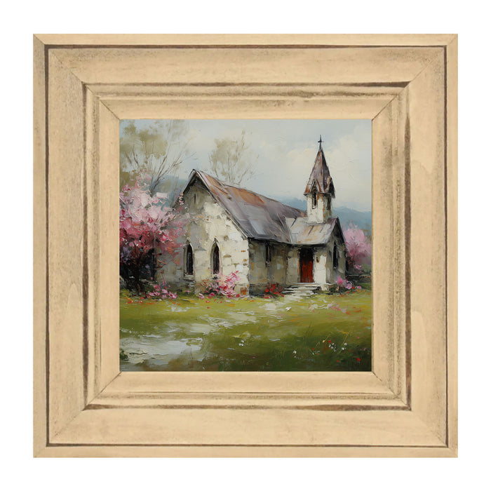 Country Church with Pink and Purple Flowering Trees