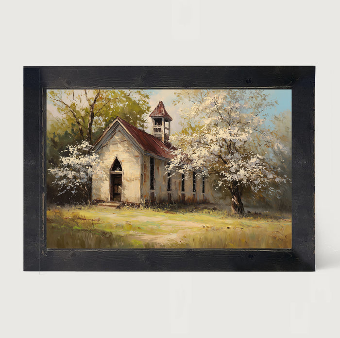 Country Church with White Flowering Trees - Framed Art
