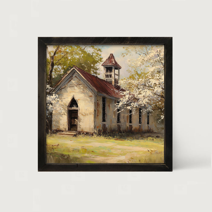 Country Church with White Flowering Trees - Framed Art