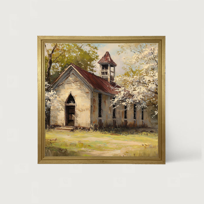Country Church with White Flowering Trees - Framed Art
