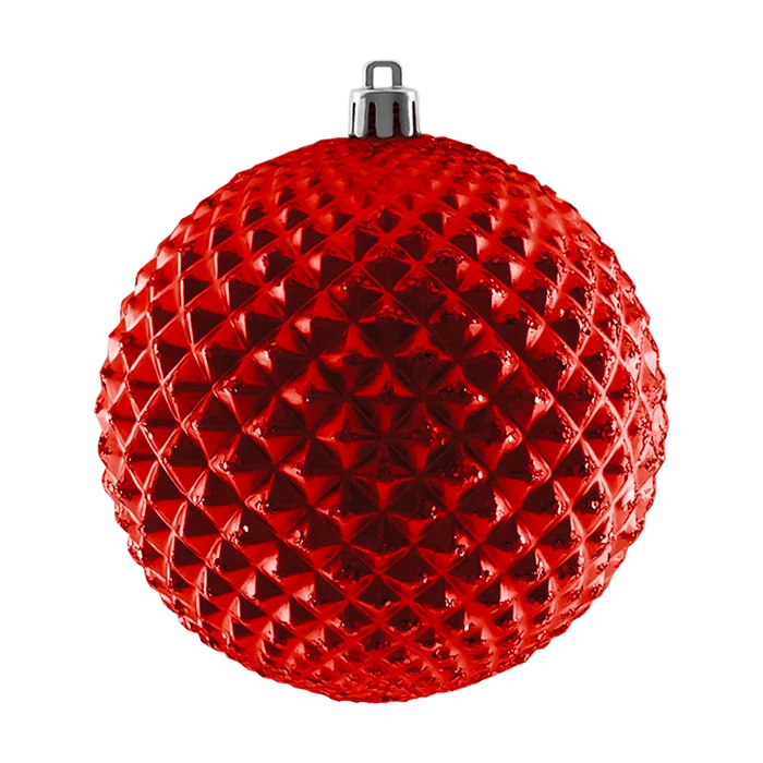 Red Durian Ball Ornament featuring a raised diamond texture, shiny reflective finish, and silver hanging cap.