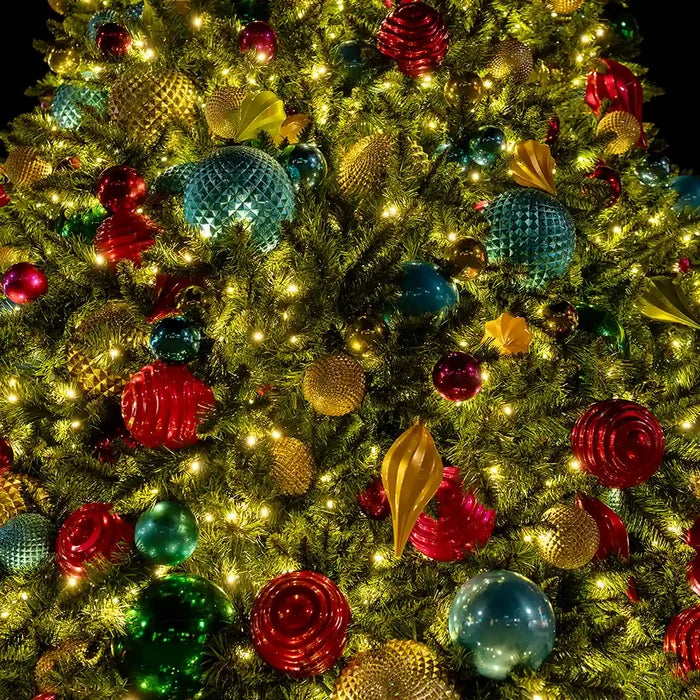 Decorated Christmas tree with colorful ornaments and lights