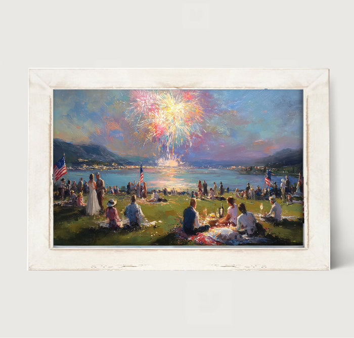 Fireworks- families at the Lake - Framed Art