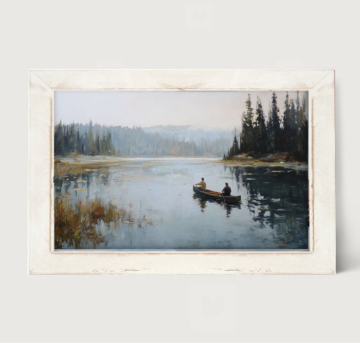Fishing - Canoe on Lake - Framed Art