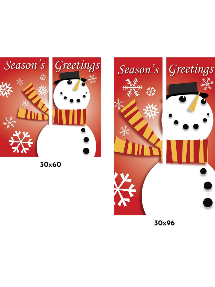 A snowman wearing a scarf on a red background with the text "Season's Greetings".