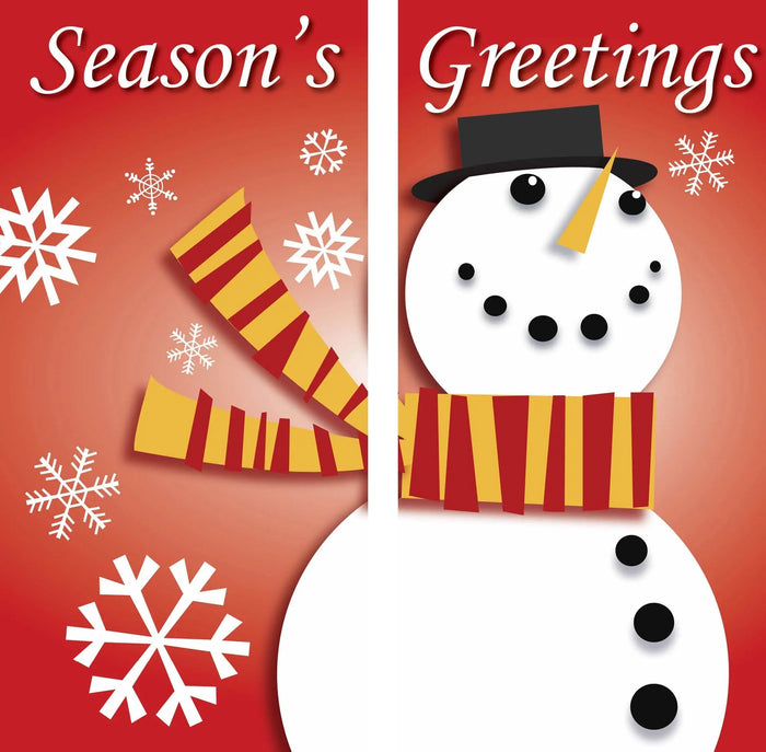 A snowman wearing a scarf on a red background with the text "Season's Greetings".