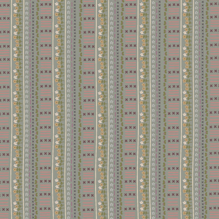 Garden Of Flowers 80870-13 - cotton fabric border stripe with flowers and stitches