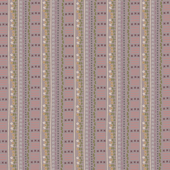 Garden Of Flowers 80870-14 - cotton lavender fabric border stripe with flowers and stitches