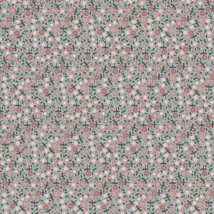 Garden Of Flowers 80870-15 - light blue cotton fabric with pink hexagon flowers scattered