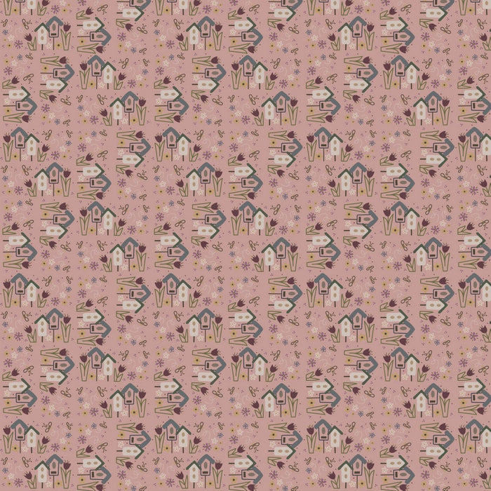 Garden OF Flowers 80870-4 - pink cotton fabric with tiny birdhouses and flowers