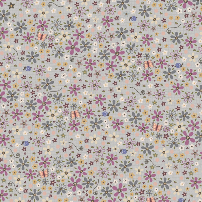 Garden Of Flowers 80870-5 - light blue cotton fabric with purple, green, yellow and white flowers as well as butterflies and snails all over