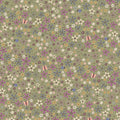 Garden Of Flowers 80870-6 - green cotton fabric with blue, green, yellow and white flowers as well as butterflies and snails all over