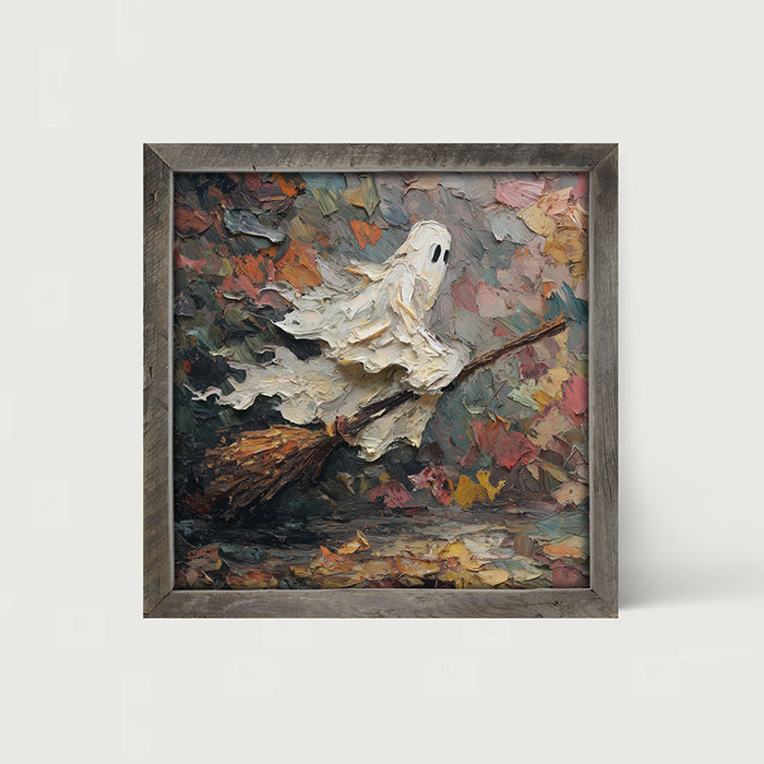 Ghost on Broom at Night - Framed Art