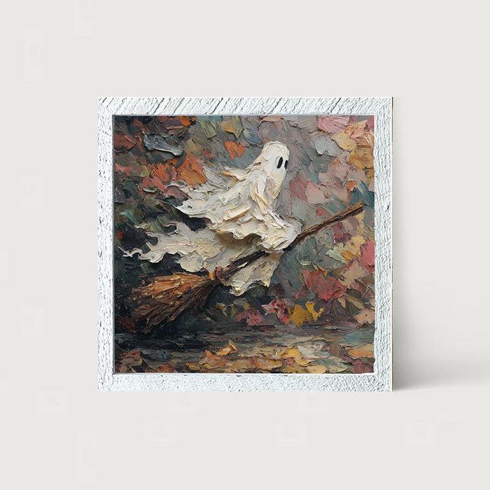 Ghost on Broom at Night - Framed Art