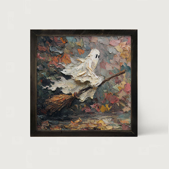 Ghost on Broom at Night - Framed Art