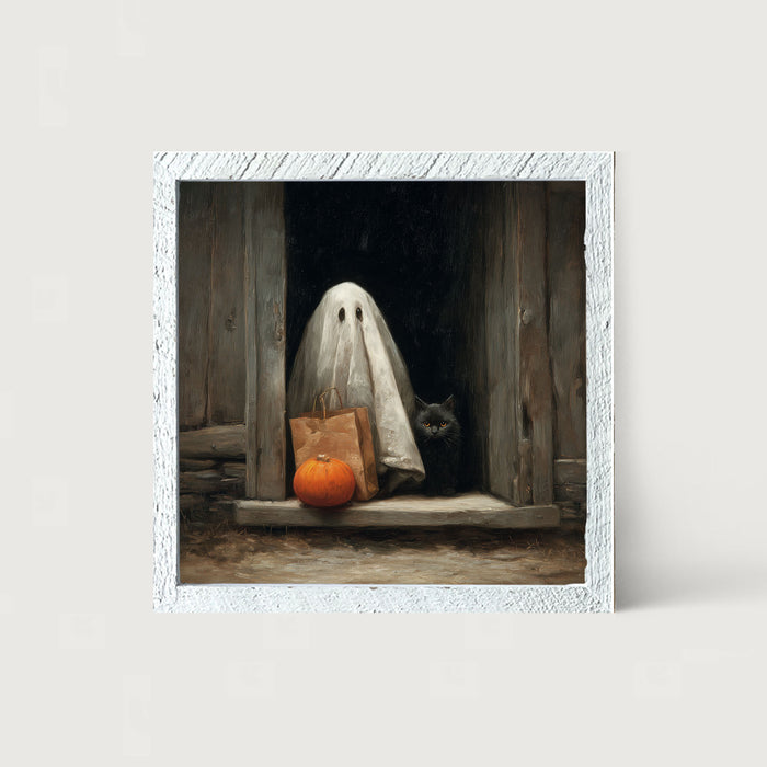 Ghost with Black Cat Trick or Treating - Framed Art