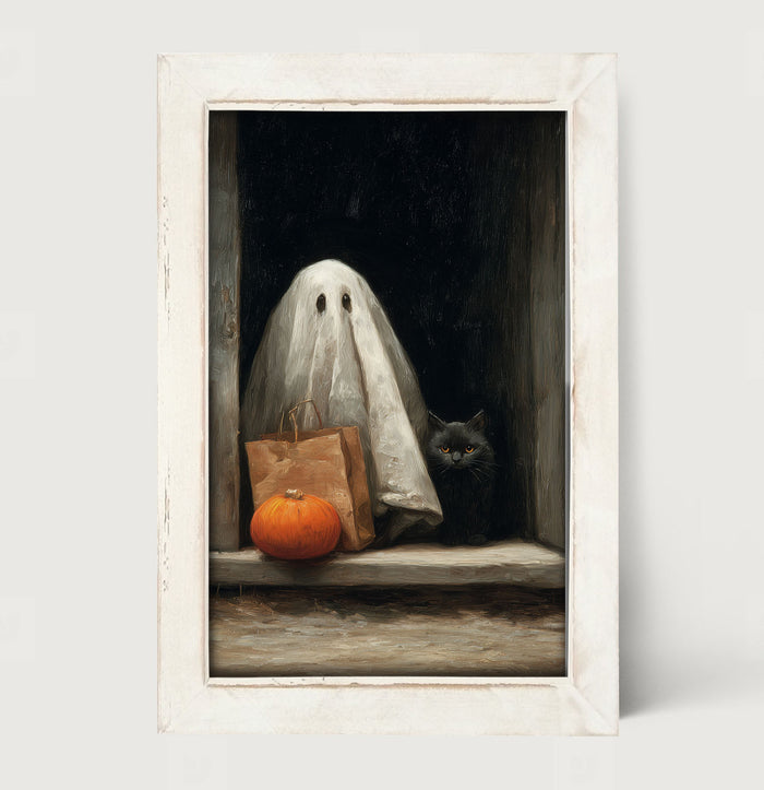 Ghost with Black Cat Trick or Treating - Framed Art