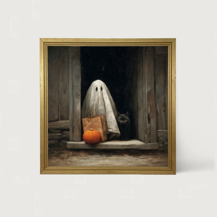 Ghost with Black Cat Trick or Treating - Framed Art