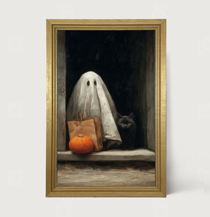 Ghost with Black Cat Trick or Treating - Framed Art