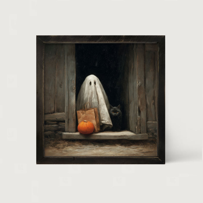 Ghost with Black Cat Trick or Treating - Framed Art