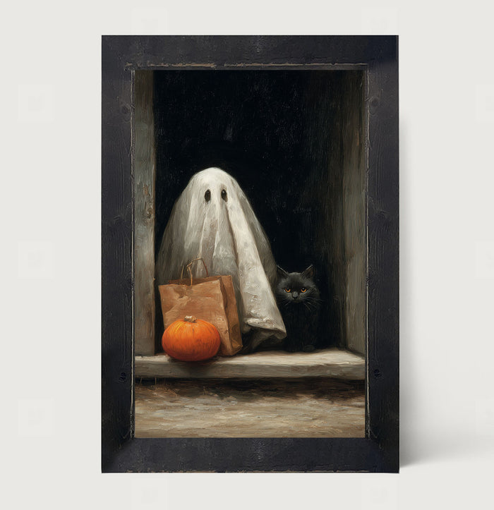 Ghost with Black Cat Trick or Treating - Framed Art
