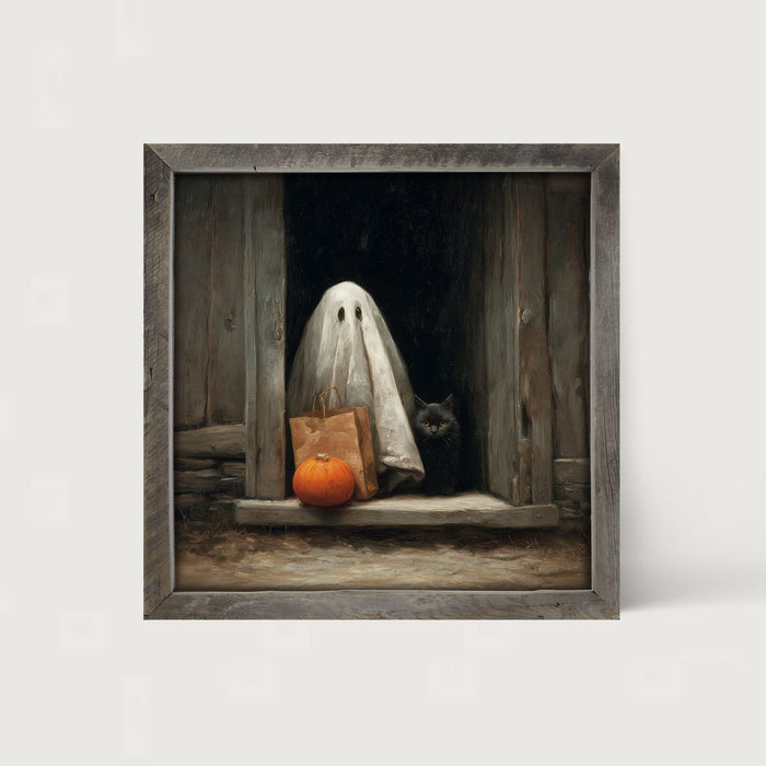 Ghost with Black Cat Trick or Treating - Framed Art