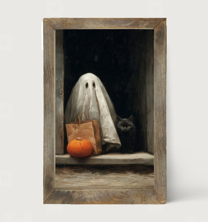 Ghost with Black Cat Trick or Treating - Framed Art