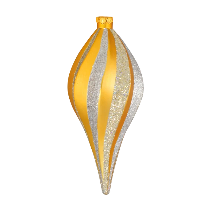 Gold and silver Glitter Spiral Finial Ornament featuring alternating glittered spiral bands, an elongated pointed shape, and a gold hanging cap.