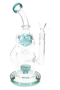 Teal-accent GoG Fabergé recycler bong with drum perc and 14.5 mm bowl, full front hero view