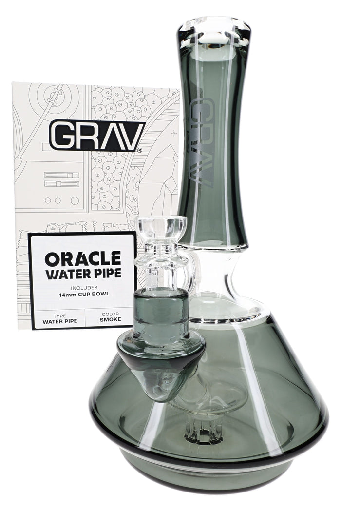 Smoke-tinted 9″ GRAV beaker bong with branded retail box and 14.5 mm bowl shown in angled packaging view