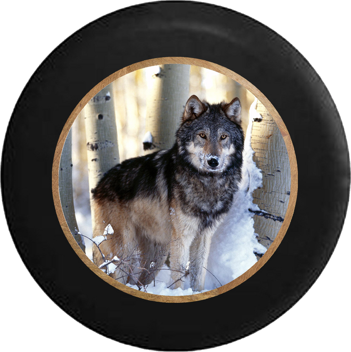Grey Wolf in the Snowy Winter Birch Forest Jeep Camper Spare Tire Cover BLACK-CUSTOM SIZE/COLOR/INK- R322 - TireCoverPro