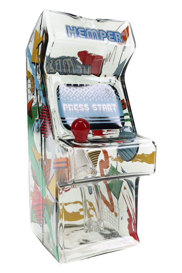 Transparent black 5.5″ Hemper Totally Rad arcade glass bong shaped like a mini cabinet with red joystick bowl and retro graphics.