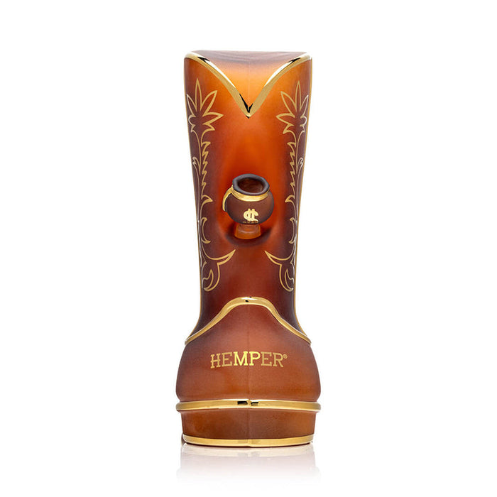 Rear angle of Hemper Wild West Cowboy Boot XL bong with branded money bag bowl on the side and bold Hemper logo across the back of the heel.
