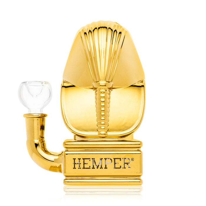 Rear view of gold Ancient Egypt glass bong, showing sculpted headdress, Hemper logo and curved side mouthpiece.