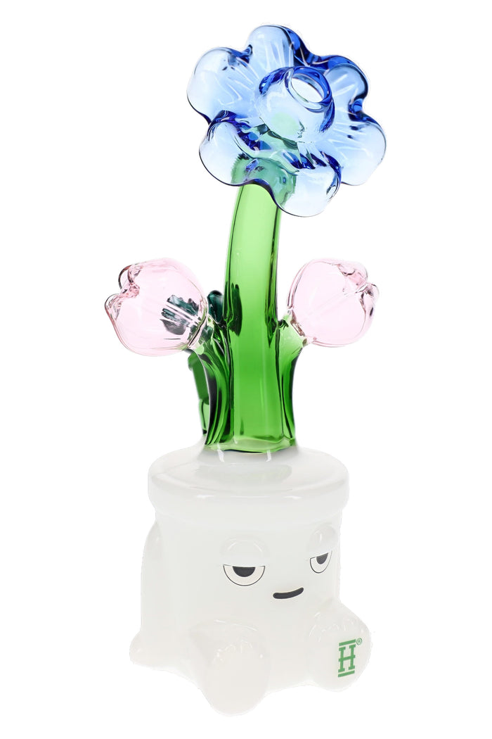 Hemper Bloom XL glass bong with blue flower top, green stem, pink bud accents, and white character base